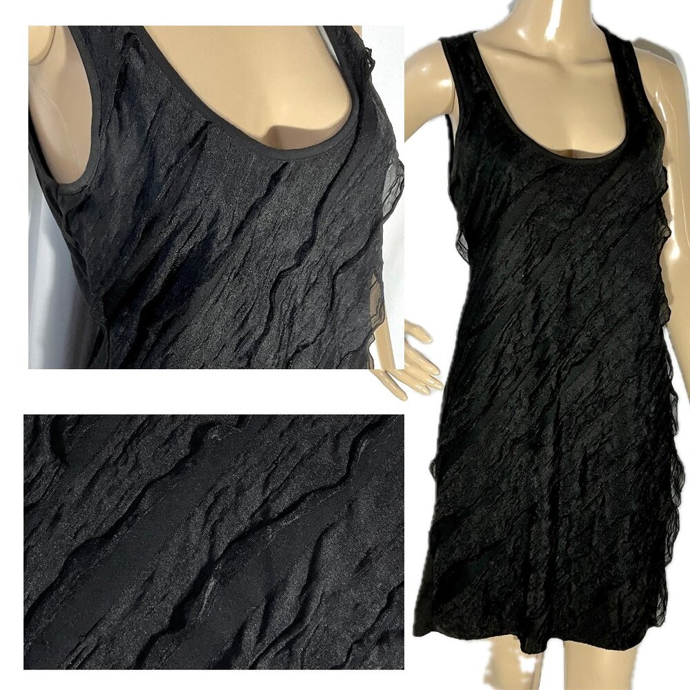 Belle du Jour Sz L Black Ruffled Dress LBD Knee Length Womens